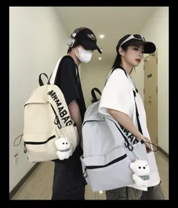 Korean minimalist canvas school backpack for students and teens with cute bear pendant daily