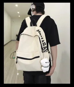 Korean style canvas backpack for women and students, simple casual campus school bag beige