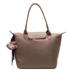 Klassische Nylon Shopper Schultertasche mit Griff, grosse Freizeit Damen Tasche in braun