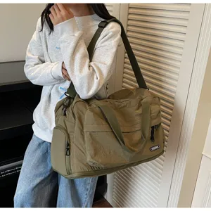 Large capacity khaki gym duffel bag for travel, durable sports shoulder weekender bag.