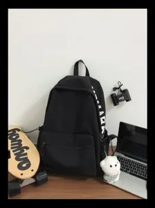 Korean style minimalist black campus backpack for students casual daily school bag with side print