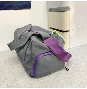Gray purple colorblock sports gym duffel bag, casual large capacity travel shoulder bag.