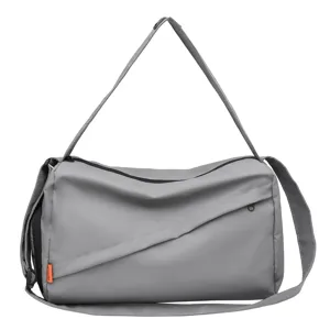 Gray waterproof sports gym duffel bag for men and women, casual crossbody travel bag.