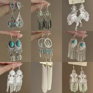 Ethnic Style Tassel Drop Earrings For Women New Chinese Vintage Copper Rhinestone Artificial Pearl Bohemian Vacation Jewelry