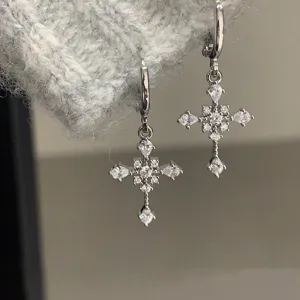Punk Copper Zirconia Cross Dangle Hoop Earrings Shiny Bling Crystal Pave Huggie Earrings Luxury Gothic Jewelry For Women Gift