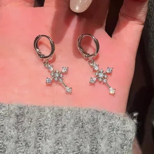 Silver cross cubic zirconia huggie hoop earrings for women, sparkling diamond dangle drop earrings.