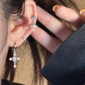 Punk style cross zircon pendant earrings for women, sparkling full diamond shiny silver ear loops.