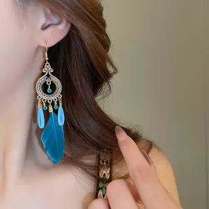 Bohemian turquoise bead feather tassel earrings vintage metal drop dangle jewelry for women detail