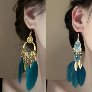 Bohemian feather tassel earrings vintage turquoise bead statement drop earrings for women
