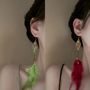 Bohemian vintage feather tassel earrings, ethnic metal drop dangles for women fashion jewelry