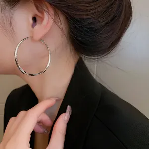 Detailed close-up of a silver twisted geometric hoop earring, showing elegant style.