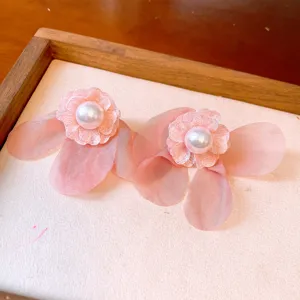 Pink chiffon flower earrings with faux pearls, sweet style daily wear lightweight cute accessory.