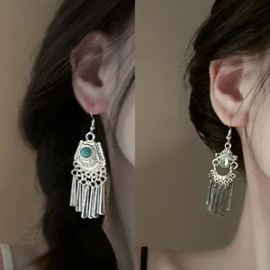 Ethnic style vintage silver drop earrings with turquoise and tassels for women bohemian jewelry