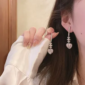 Elegant sterling silver pin cubic zirconia heart long drop earrings for women fashion jewelry