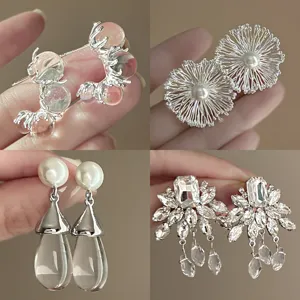 Fashion Alloy Rhinestone Flower Stud Earrings With 925 Sterling Silver Earring Post Elegant Geometric Artificial Pearl Water Drop Earrings For Women Jewelry