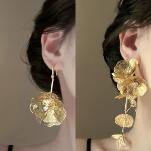 Exaggerated gold mesh flower earrings women statement floral long dangle earrings fashion jewelry