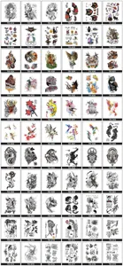 Temporary tattoo stickers catalog sheet featuring various animal flower and skull black and white designs.