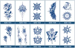Set di adesivi per tatuaggi temporanei al succo vegetale, motivi floreali e celesti blu.