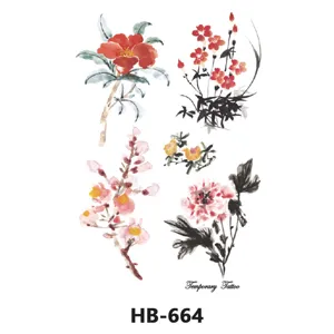 Traditional Chinese watercolor floral temporary tattoo sticker sheet, elegant botanical body art design.