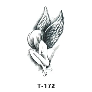 Autocollant de tatouage temporaire ange ailé noir et blanc, style croquis minimaliste image principale.