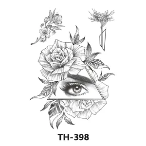 Foglio di adesivi per tatuaggi temporanei impermeabili con rosa e occhio geometrico.