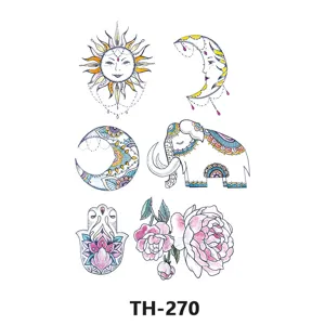 Colorful temporary tattoo sticker sheet with sun moon elephant and flowers for women art.