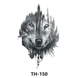 Waterproof temporary tattoo sticker featuring a wild wolf and pine tree forest design in black.