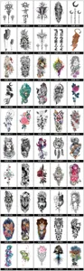 Hoja de catálogo de pegatinas de tatuajes temporales con varios diseños florales animales.