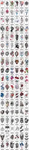 Catalogue de tatouages temporaires imperméables avec des roses, lions, loups et dragons.