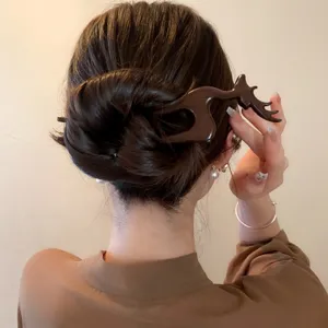 Wooden hair stick with elegant deer shape design, vintage Chinese style hair fork hairpin for women.