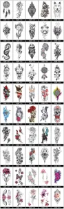 Catálogo detallado con varios tatuajes temporales para brazos con diseños florales y geométricos.