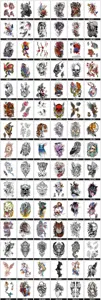 Waterproof temporary tattoo sticker detail catalog showing various wolf and flower designs.