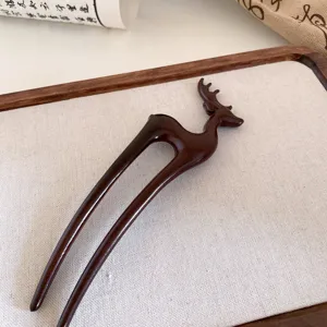 Wooden deer hair stick detail, vintage Chinese style hair fork, minimalist retro hair accessory.