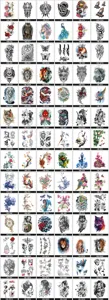 Waterproof temporary tattoo sticker sheet featuring diverse wolf dragon tiger and floral designs.