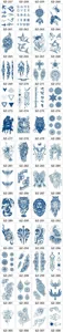 Planche de stickers de tatouage semi-permanents aux motifs tribaux, animaux et floraux variés.