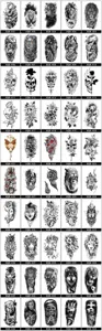 Hoja de tatuajes temporales con varios diseños de animales y flores en blanco y negro.