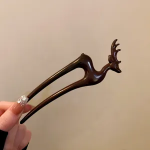 Wooden deer hair stick, minimalist vintage Chinese style hair fork for women accessory.