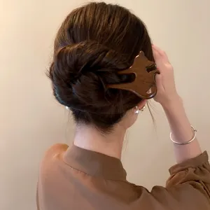 Vintage wooden hair stick for women, Chinese style fox deer hair fork elegant hair accessory