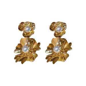 Stunning gold metal pearl flower statement earrings for women, chic fashion jewelry gifts.