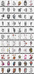Detailed view of temporary tattoo sticker sheet featuring various animal and floral art.