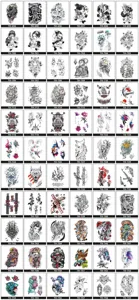 Detail showcase of various black and white temporary tattoo sticker patterns in a clear grid catalog.