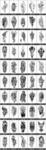 Pegatinas de tatuaje temporal impermeables brazo completo animales flores tótem negro.