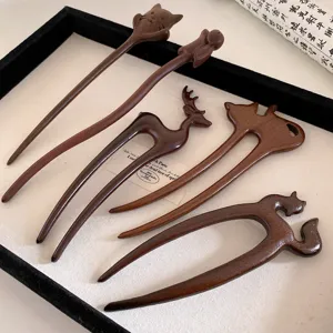 Handmade wooden hairpin retro animal hair fork elegant chic vintage hair styling accessories
