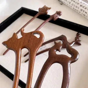 Chinese style wooden hair pin vintage animal hair fork elegant hair accessories for women