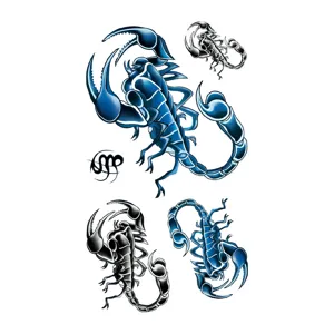 Scorpion temporary tattoo sticker set, black and blue gradient design, body art deco.