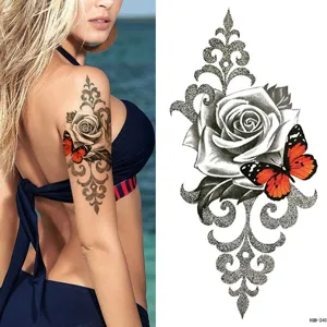 Waterproof temporary tattoo sticker for arm with rose butterfly and vintage totem design.