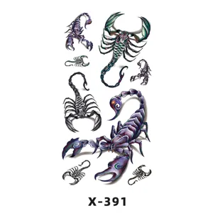 Temporary scorpion tattoo sticker sheet with multiple realistic black and purple designs.