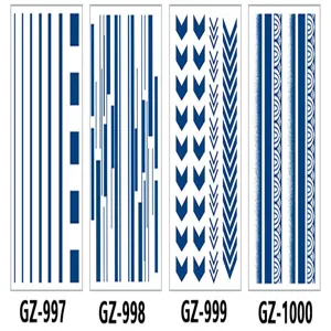 Detail view of herbal juice tattoo stickers featuring blue geometric line patterns and stripes.