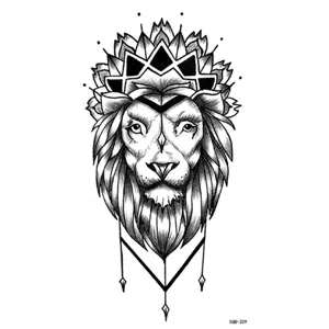 Black and white lion temporary tattoo sticker with geometric crown design waterproof arm art.