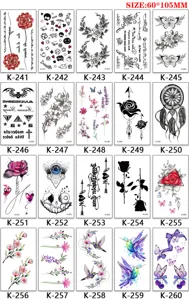 Disposable temporary tattoo stickers sheet featuring assorted floral and animal designs, 60x105mm.